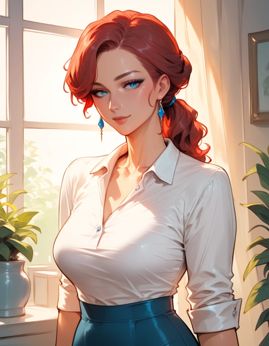 Lovely face,adult,slim,Coquettish,mature,simple outfit,elegance,ponytail hair ,skirt, shirt,kabedon, bun hair, red hair,blue eyes,flirt, 