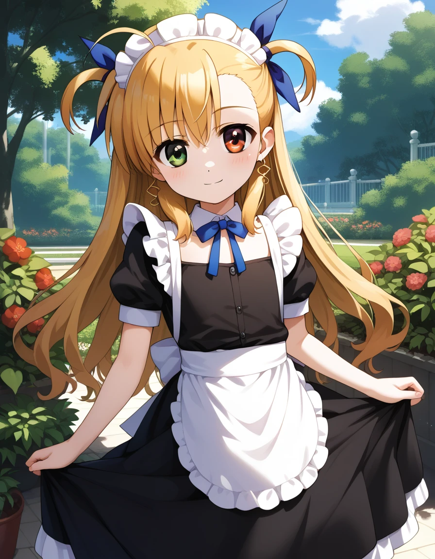 score_9, score_8_up, score_7_up, score_6_up, score_5_up, score_4_up, source_anime, aavivio, long hair, blonde hair, ahoge, two side up, hair ribbon, heterochromia, flat chest, maid, maid headdress, apron, black dress, skirt hold, smile, garden, standing,