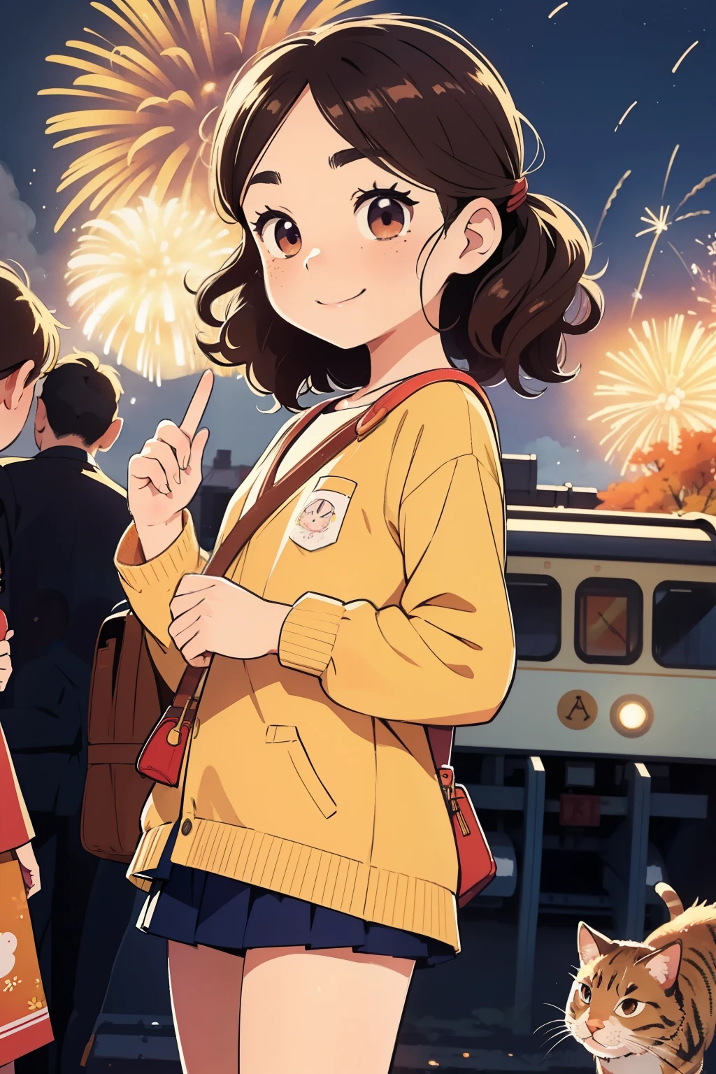 Masterpiece，Best Quality，Cute doodles，Cheerful, Honor student，Young  ，baby face，Very short，Flat Chest，Thin thighs，Curly Hair, Twin tail hair，Vibrant, Curious eyes，Freckles，Thick eyebrows，Open Fly，Waiting for the train in front of a small station，Jojo Fashion，smile，Red cheeks，A little embarrassing，autumn，autumnの夜空，Sardine cloud，autumnの紅葉，Fireworks，Fireworks，bright，Low Angle，bright色，watercolor，Accurate and detailed female fingers，Petting a cat，