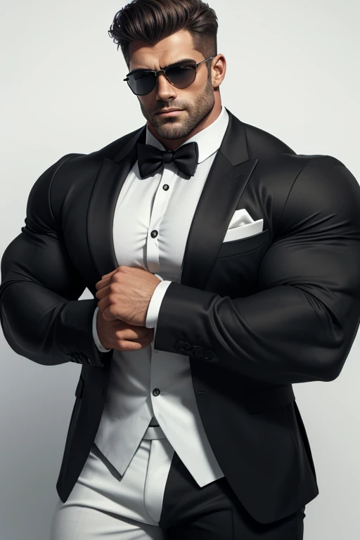Batman with the mask, IN SOCIAL PANTS, naked torso, bow tie around the neck, big muscular physique