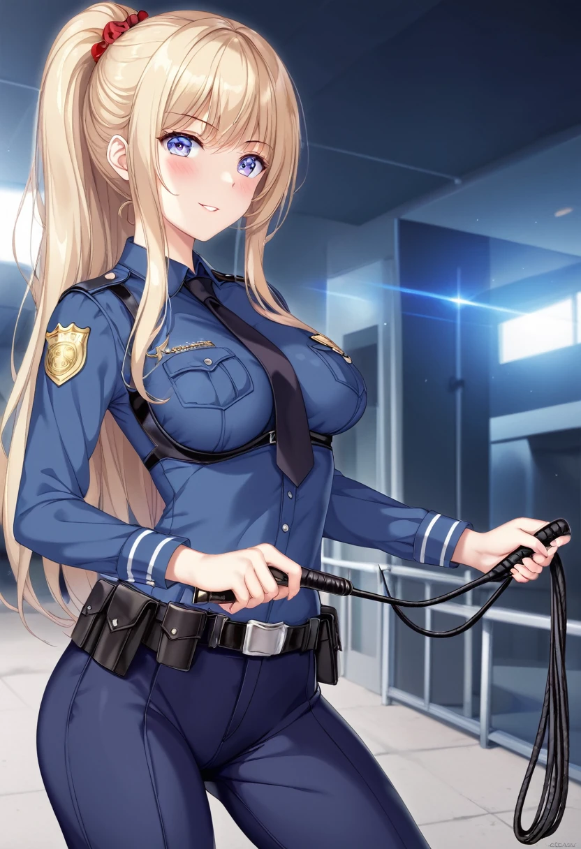 Marin kitagawa, She has silky blonde hair, tipped with pinkish-red or citrus orange, reaching down around her pelvic region, on bed , sexy pose ,(( wearing police dress)) , one adult women , holding handcuffs,