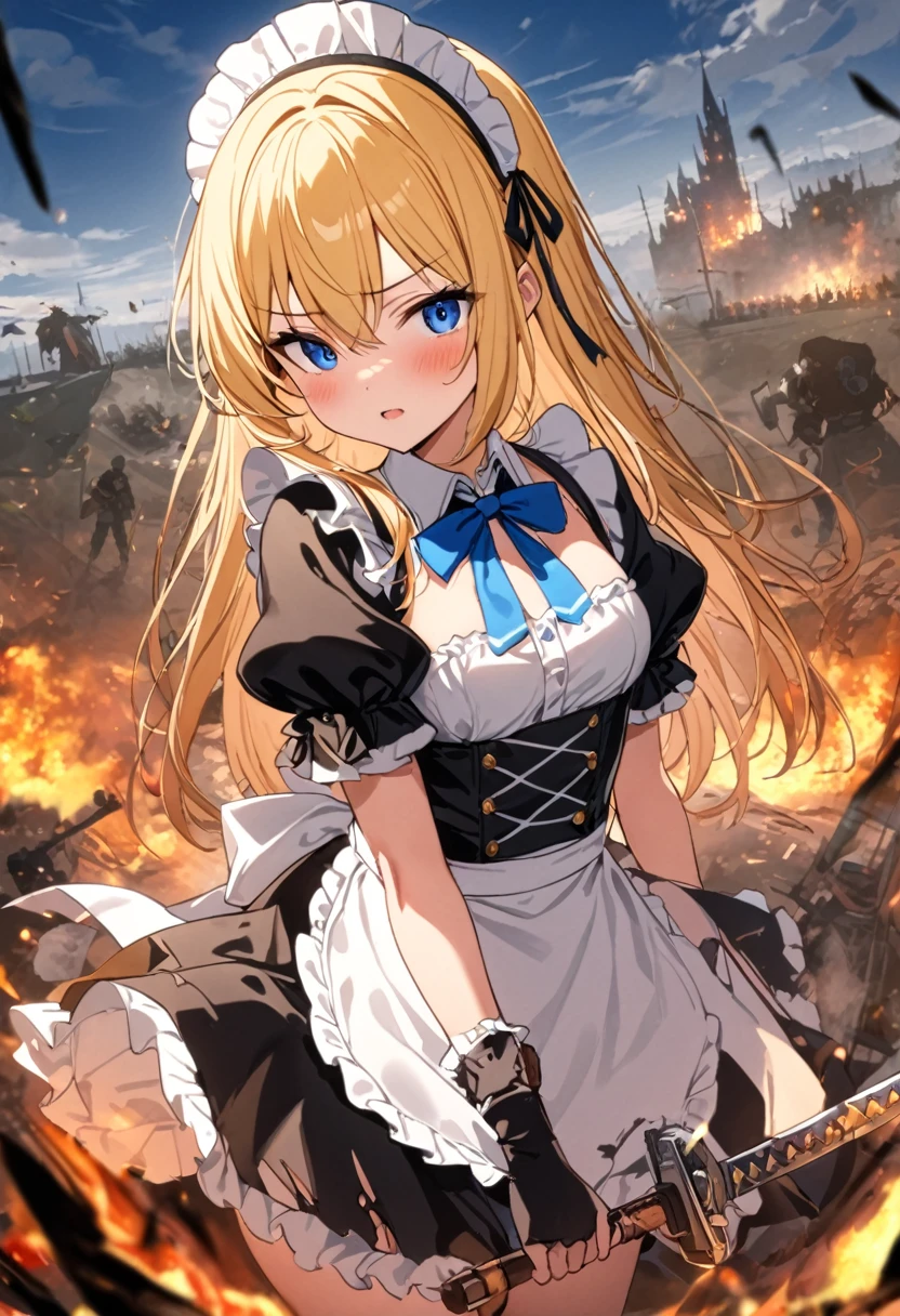 (8k, super high quality, masterpiece, )Ultra-high resolution, One Girl, cute, strong, Blonde, Small breasts, Black Dress, White apron, Blue ribbon, Gold A-line, Gold accents, Gothic maid outfit, long, Burning Battlefield, Castle Defense, explosion, Big two-handed sword, (Western-style sword, ), Sword competition, A strong enemy in front of me, Deadly Combat, Cornered, be cut by a sword, Torn Apron、Torn clothes、Dirty clothes、Dirty with ash or soot、Dirt all over the body、scratch、Blood、Brandishing a sword with both hands、