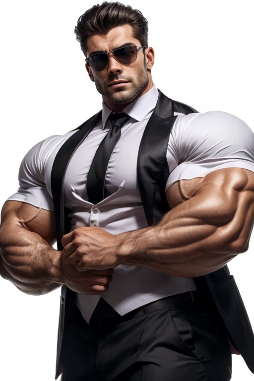 a very handsome muscular man, sunglasses, wearing a black suit with a black tie, Standing sideways on a white background, posing sideways, massively large biceps, very large pecs, Alta resolução, Obra-prima, Melhor qualidade, Detalhe, Modelo HD, Qualidade, Detalhes altos, Ultra HD, Skin texturizada, Super detalhe