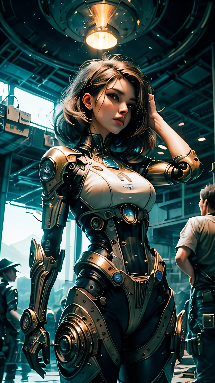 (mechanical parts:1.5),fighting , glowing eyes, short hair,torn tight supersuit, in a destroyed city, smoke and fire, glowing power aura, dynamic pose, dynamic view