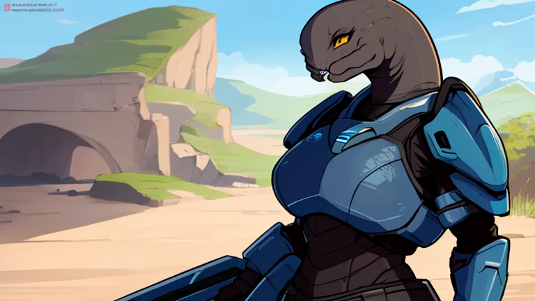 sangheili, anthro, female, solo, halo \(series\), alien, petite, slim, yellow eyes, looking at viewer, outside, battlefield, (portrait, upperbody, close-up), overweight, large breasts, scalie, reptile, ladiesarmor
