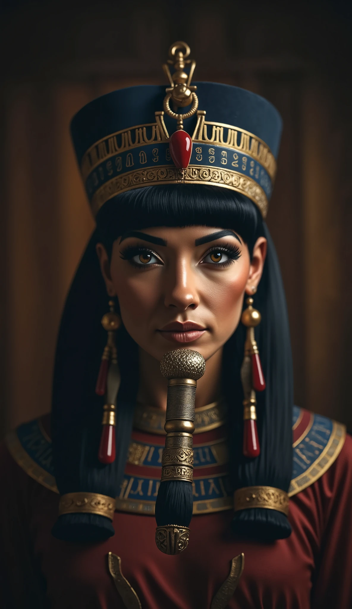 beautiful detailed portrait of Hatshepsut, the female pharaoh of ancient Egypt, wearing the traditional crown and false beard of male pharaohs, dressed in the robes of a pharaoh, 4k uhd, ultra detailed, no aliasing