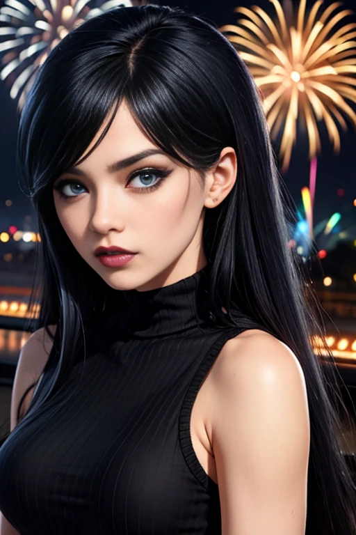 anime girl with long black hair and blue eyes staring at the camera, she has black hair with bangs, 1 7 -  -  goth, with black hair, black hair and blue eyes, woman wearing a black turtle neck sweater, pouty lips, raven black hair, beautiful anime, black hime cut hair, In front of a fireworks, big fireworks fireworks, 