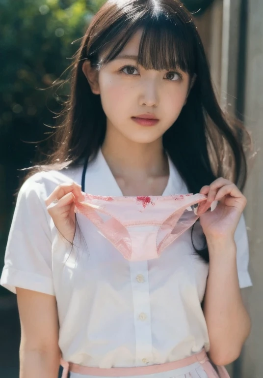 (absurdres:1.3),8K,(detailed photograph:1.5),(detailed face and skin:1.3),(ultra high res:1.5),(photorealistic:1.5),symmetric clear eyes,well-groomed face,(ray tracing:1.3) ,1girl, Japanese,high school girl, BREAK (wearing Japanese high ,white shirt,red school ribbon tie,navy pleats skirt:1.3), BREAK (presenting panties),(green panty:1.1),masterpiece, best quality, highly detailed,classroom, BREAK (Black short hime cut hair blunt bangs),focus panty,cinematic lighting,(blushing:1.3),(Stain on panties:1.4),