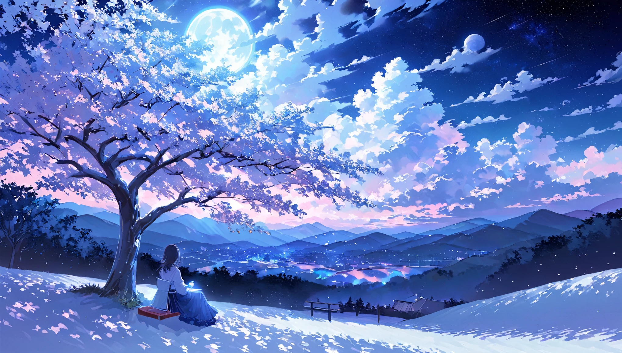 A woman,pastel,sitting woman,A cherry tree,Under the cherry tree,Cherry tree on top of the mountain,Under the night sky,The light shines in,Bright white clouds,Light clouds,many stars,strong moonlight,seen from afar,A touching scene,strong contrast