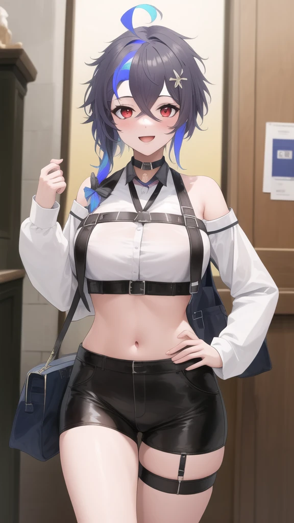 (masterpiece, best quality:1.2),illustration,8k,hd,absurdres,1girl,solo,cowboy shot,foch (rainbow rendezvous) (azur lane),high-waist shorts,grey hair,bag,hand on hip,smile,long hair,navel,multicolored hair,hair between eyes,bangs,bare shoulders,purple hair,looking at viewer,large breasts,thigh strap,midriff,red eyes,long sleeves,sidelocks,crop top,choker,ahoge,two-tone hair,off-shoulder shirt,white shirt,streaked hair,