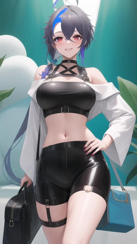 (masterpiece, best quality:1.2),illustration,8k,hd,absurdres,1girl,solo,cowboy shot,foch (rainbow rendezvous) (azur lane),high-waist shorts,grey hair,bag,hand on hip,smile,long hair,navel,multicolored hair,hair between eyes,bangs,bare shoulders,purple hair,looking at viewer,large breasts,thigh strap,midriff,red eyes,long sleeves,sidelocks,crop top,choker,ahoge,two-tone hair,off-shoulder shirt,white shirt,streaked hair,