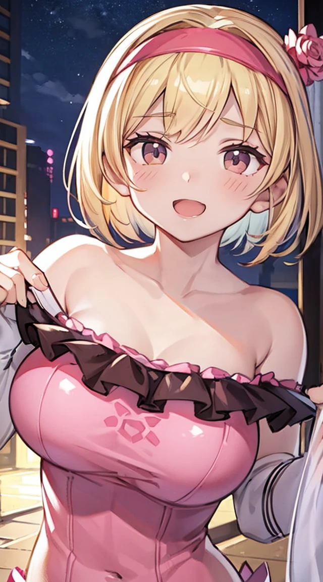 1girl,alone,masterpiece, 最high quality, high quality,delicate features,,beautiful girl,hyper_detailed,(((game CG))), finely detaileded beautiful eyes and detaileded face,Glossy skin, One_girl,, smile,blush,Open_mouth,:3 、(baby face),face focus。pool,big breasts,lolli、female brat、(evil smile）、,((night))、blonde、((swimsuit))、brown eyes、short hair,Pink headband