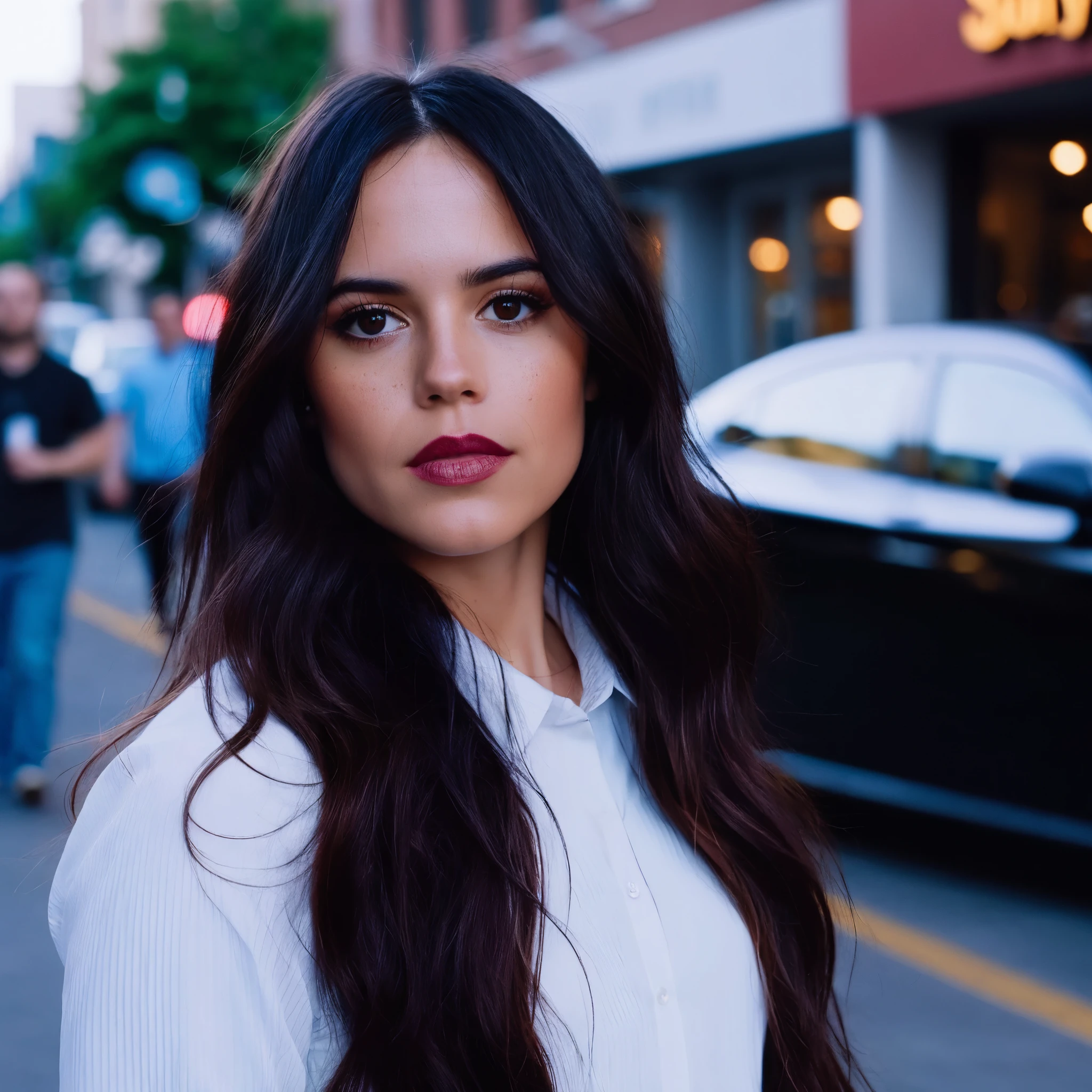 cinematic photo Mid-shot portrait of a beautiful ((ohwx woman)) in her 30s , with long hair, candid street portrait in the style of Martin Schoeller award winning, Sony a7R . 35mm photograph, film, bokeh, professional, 4k, highly detailed