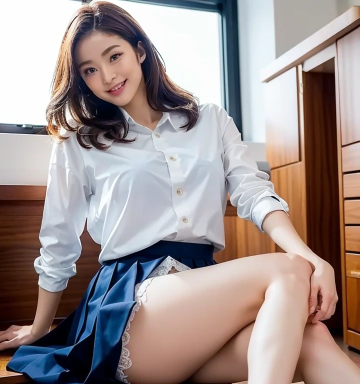 8k、Ultra-high resolution、Clear photo、Professional Lighting、Natural Light、slender、Slim and beautiful legs、White skin、Big Breasts、Beautiful ass、I am in a classroom at school、(Wear an elaborate uniform)、(She is wearing a navy blue pleated skirt.:1.1)、(Backwards:1.2)、Lean forward、(She was excited.、Showing off her white lace panties) ,(Please lift your skirt)、 (Ultra Mini Skirt:1.2)、