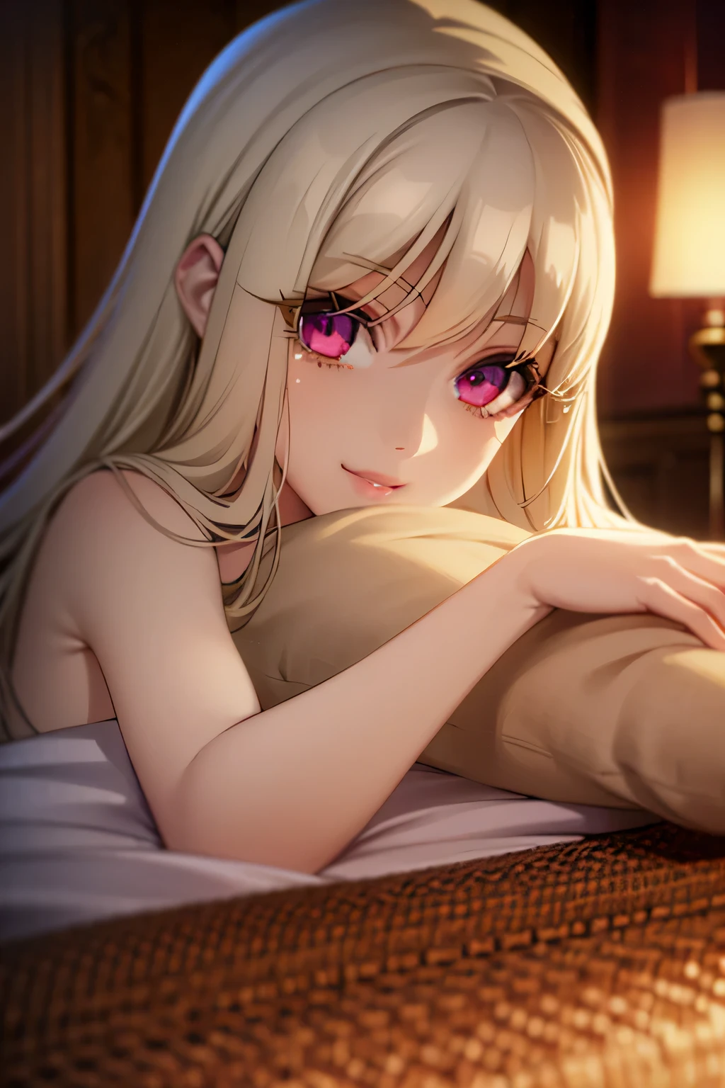 best quality, 1girl, beautiful detailed eyes, beautiful detailed lips, extremely detailed eyes and face, long eyelashes, elegant, detailed portrait, photorealistic, 8k, high resolution, hyper detailed, cinematic lighting, soft warm colors, dramatic lighting, detailed skin texture, intricate details, masterpiece, a cute beautiful girl laying on the bed and turning head to look at viewer, smiling sweetly