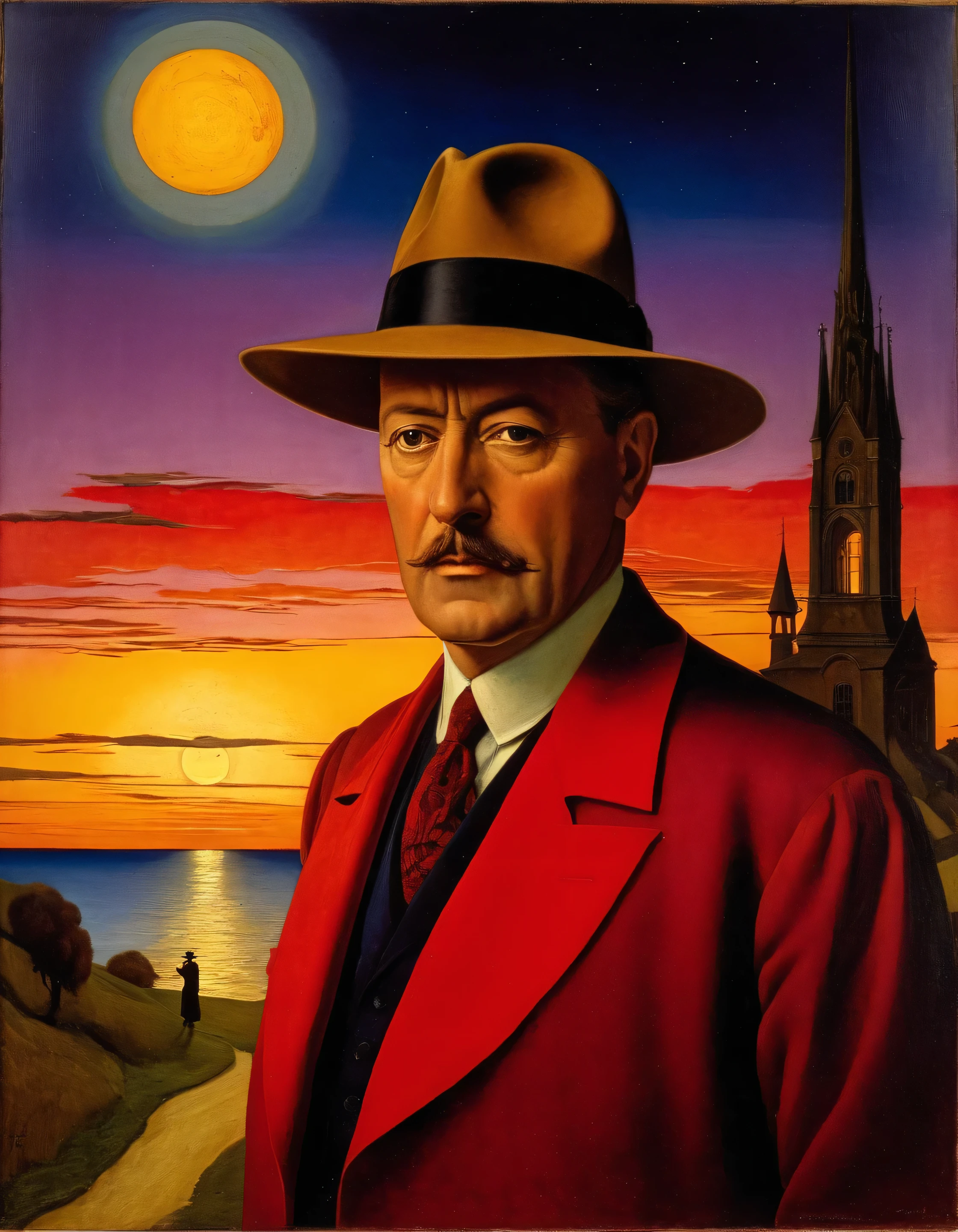 (ambre!!!!)[(front portrait: Chief Inspector Japp / Philip Jackson, in braun a hat suit, 1936)((Carlos-Schwabe style)))::20]/[background:landscape
 Baroque (moonlight sunset), style Albrecht-Altdorfer], naive art, primitivism, protogen, crimson/liliac, very colorful,((oil painting)),((masterpiece)),single shot