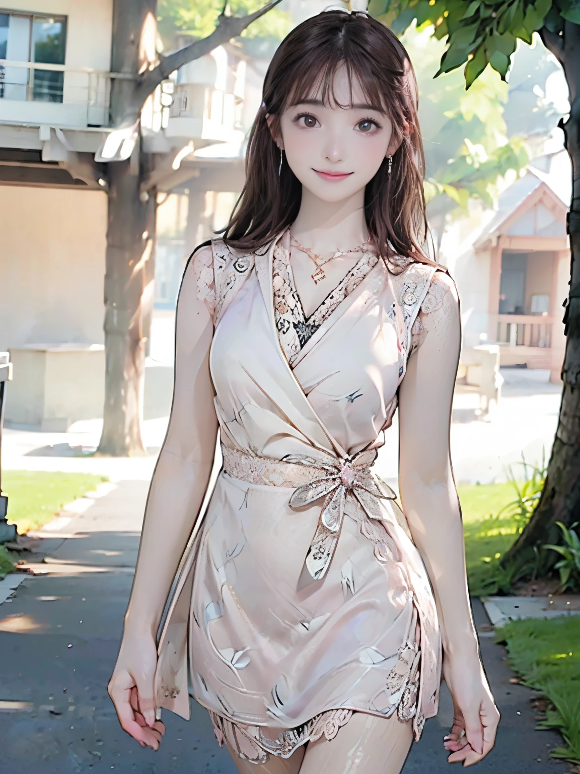 ((((highest quality))))、(((Ultra-precision CG16K wallpaper)))、(((masterpiece)))、(((Super detailed)))、(((Extreme detail)))、((1Mature 29 year old woman:1.6))、((Very beautiful Japanese faces))、((Zuo々Nozomi:1.5))、((Straight one-length medium hair、blunt bangs:1.5))、(Shiny brown hair)、Beautiful delicate eyes、Brown Eyes、eyeliner、Eyeshadow、High nose、Small nostrils、Small Mouth、Seductive lips、Beautiful breasts、((C cup size breasts))、Cleavage、Beautiful feet、eight-headed body、Perfect proportions、Perfect Anatomy、Perfect composition、Beautiful detailed shading、Beautiful, natural lighting、Beautiful detail glow、Depth of written boundary、(((High chroma)))、(((Real:1.9)))、((vivid:1.5))、((Beautiful Skin))、((Skin Texture))、((Realな皮膚感))、(((Cowboy Shot:1.6)))、((front view、shoot from front、Front low angle:1.6))、(((smile:1.6)))、((The woman is looking at this、looking at viewer、Facing forward:1.6))、Bright daylight、Natural light、(((Grass Square、Trees:1.5)))、(Walking Pose:1.6)、(((Beige lace knit sheer loop pleated mini dress:1.6)))、((Headband、Earrings、Wearing a necklace:1.5))、((Knee-high socks:1.5))、