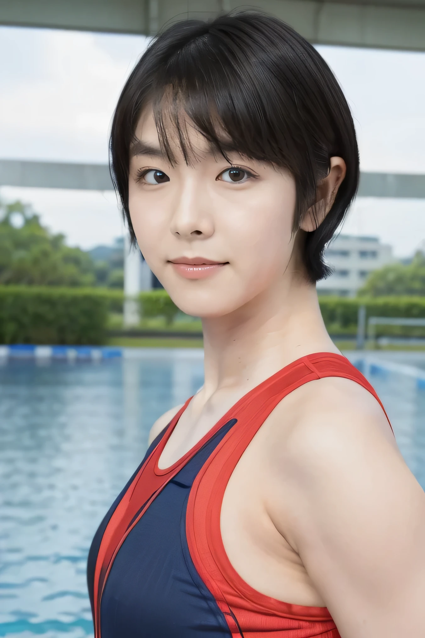 30years old,High image quality、high quality、one Sexy japanese girl, natural muscled body, light abs,((( medium breasts))), small waist, wide hips, black hair,  wrestling, fighting pose, short hair,(pixie cut＿boyish),((((( short hair :1.1))))、Pointed chin, double eyelids, long slit eyes, and a well-shaped nose、background is wrestling stage, ((Women's wrestling wears red singlet)),Spotlight on upper body、Spotlight from the front、
