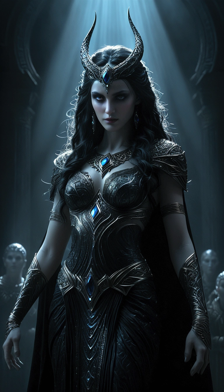 demonic goddess, astarte, mysterious and ominous, glowing blue eyes, graceful yet sinister pose, dramatic lighting, moody and atmospheric, cinematic camera angle, (best quality,4k,8k,highres,masterpiece:1.2),ultra-detailed,(realistic,photorealistic,photo-realistic:1.37), volumetric lighting, golden hour
