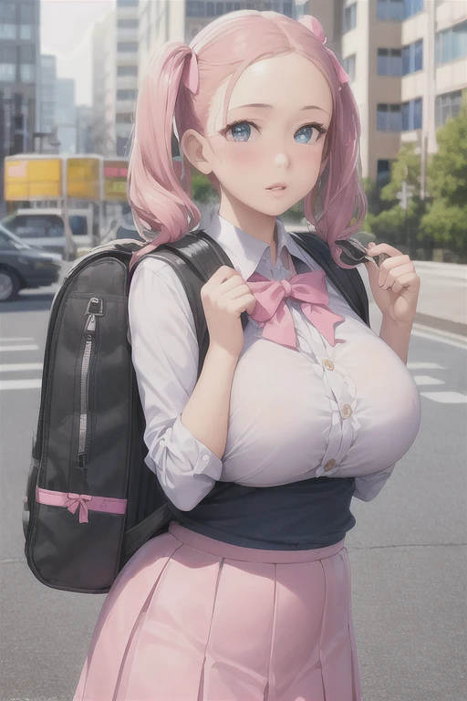 High resolution, masterpiece, Highest quality, Very detailed, Textured skin, Long Hair, Blushing, Large Breasts, school uniform、high school student、Navy blue blazer、mini skirt、shirt、ribbon、Tight fitting clothes、Knee-length socks、Shopping Centre、Long Hair, Pink Hair, squat、Thin legs、Beautiful feet、