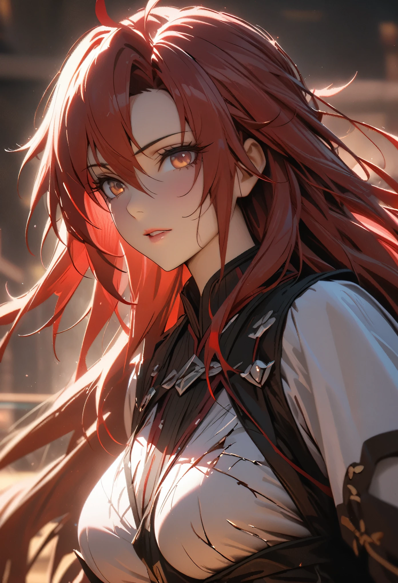 ((solo)), (woman), hazel eyes, ((red hair)), long hair, wild hair, messy hair, mane hair, (mature adult), ((old)), ((mature)), maniac face, tall, fit, broad, big breasts, a close up of a person, detailed key anime art, casimir art, masamune shiro, masamune, beautiful girl in demon slayer art, heise jinyao, shadowverse style, (no logos), wearing broken armor, dull hair, depth of field, cinematic lighting, ray tracing, depth of field, cinematic lighting, ray tracing, UHD, high details, best quality, highres, high quality, award winning, super detail, masterpiece, 8k, UHD, high details, best quality, highres, high quality, award winning, super detail, masterpiece, 8k