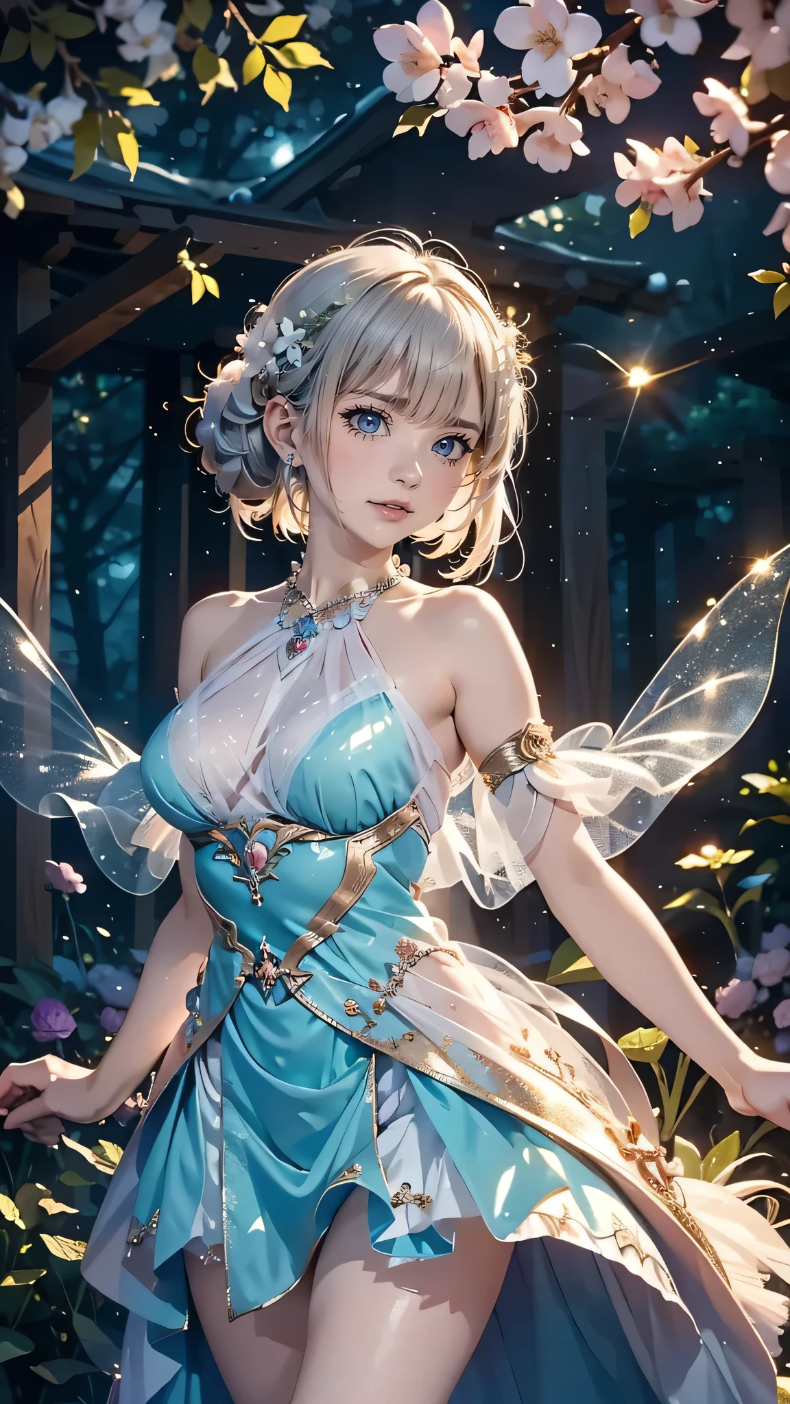 Tinkerbell looks like a 22-year-old girl with a beautiful face.、Night view、On top of the old castle、The fairy's wings are transparent and sparkly.、whole body、21 years old,girl、(Bunny ears headband)。(Random Nudes),Exhibitionism,((Random exposure of genitals))。 Beautiful areola。Small breasts. Thin Hair. Bokeh Background。((Light blonde hair))。(round face). ((Short Bob Hair)). 可愛いsmile. Idol's face. Smooth Hair. Thin Hair. White skin. whole body写真. fun,smile. Large, even bangs