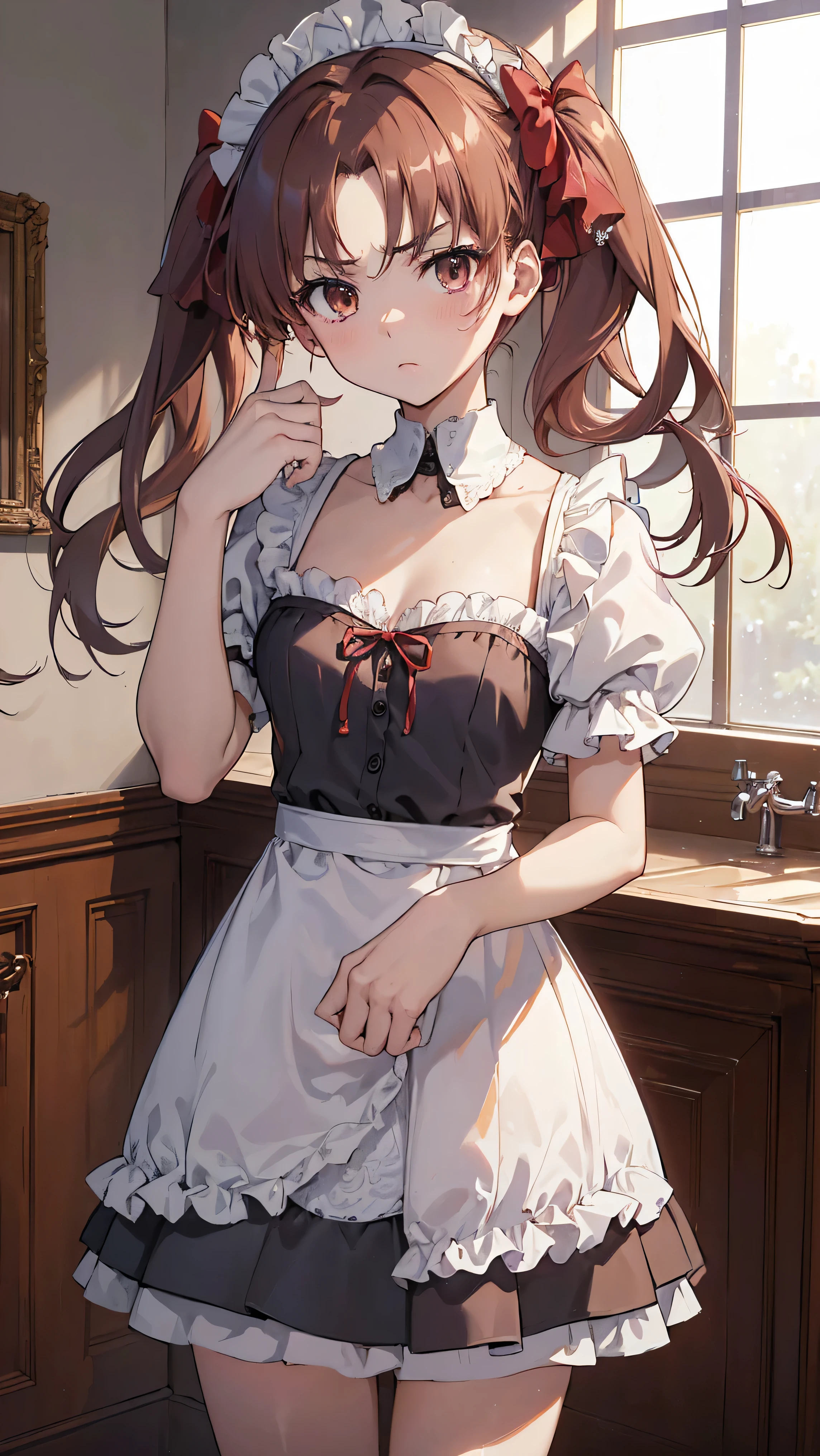 (highest quality, 8K, masterpiece, best image quality,  ultra hd, delicate and smooth skin, real looking skin, perfect and beautiful face ,perfect and cute face, high detail skin, perfect limbs、thin waist、thin legs)、NSFW、grumpy face、twin tails、brown hair、red ribbon、(Maid clothes)、locker room、