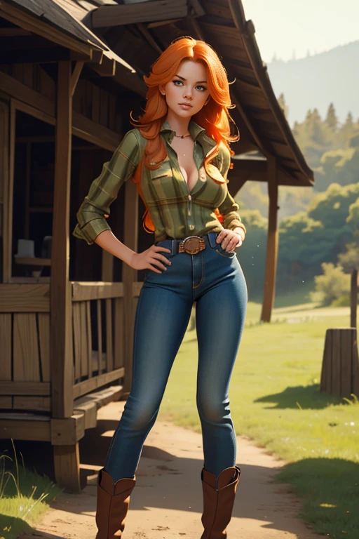 1 girl, Best Quality, masterpiece, cowboy shot, Orange hair, green eyes, tight clothes, barn, Wet, Green plaid shirt, labor, sexy, skinny jeans, half , cow print clothing:1.5, seductive, provocing, masterpiece, (dynamic angle:1.2), (dynamic posture:1.2), Plan general, light, (Best Quality), (Erotic), (ultra detailed), (16k, 8k, complex),(Full body photo: 1), (Focus on the hips:1.2), (wide hips) (big breasts), (perfect body)