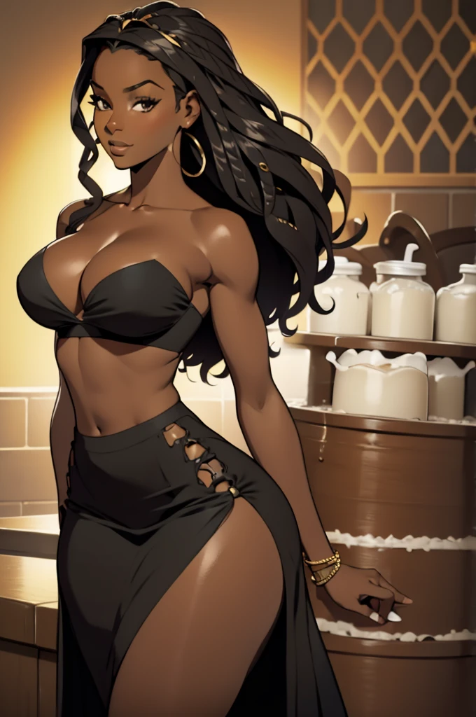 Beautiful black sfw realistic photo, thin and thick waist, but thin, Dangerous curves, cubierto de milk goteando, exposed, seductive, African, tanned skin, black tube top, dark skin, found, neckline, senos exposeds, Breast Recess, trend in hyperrealism portrait Pixiv, At home, pose sexy, 19 years old. Esta empapada de milk, milk, milk.