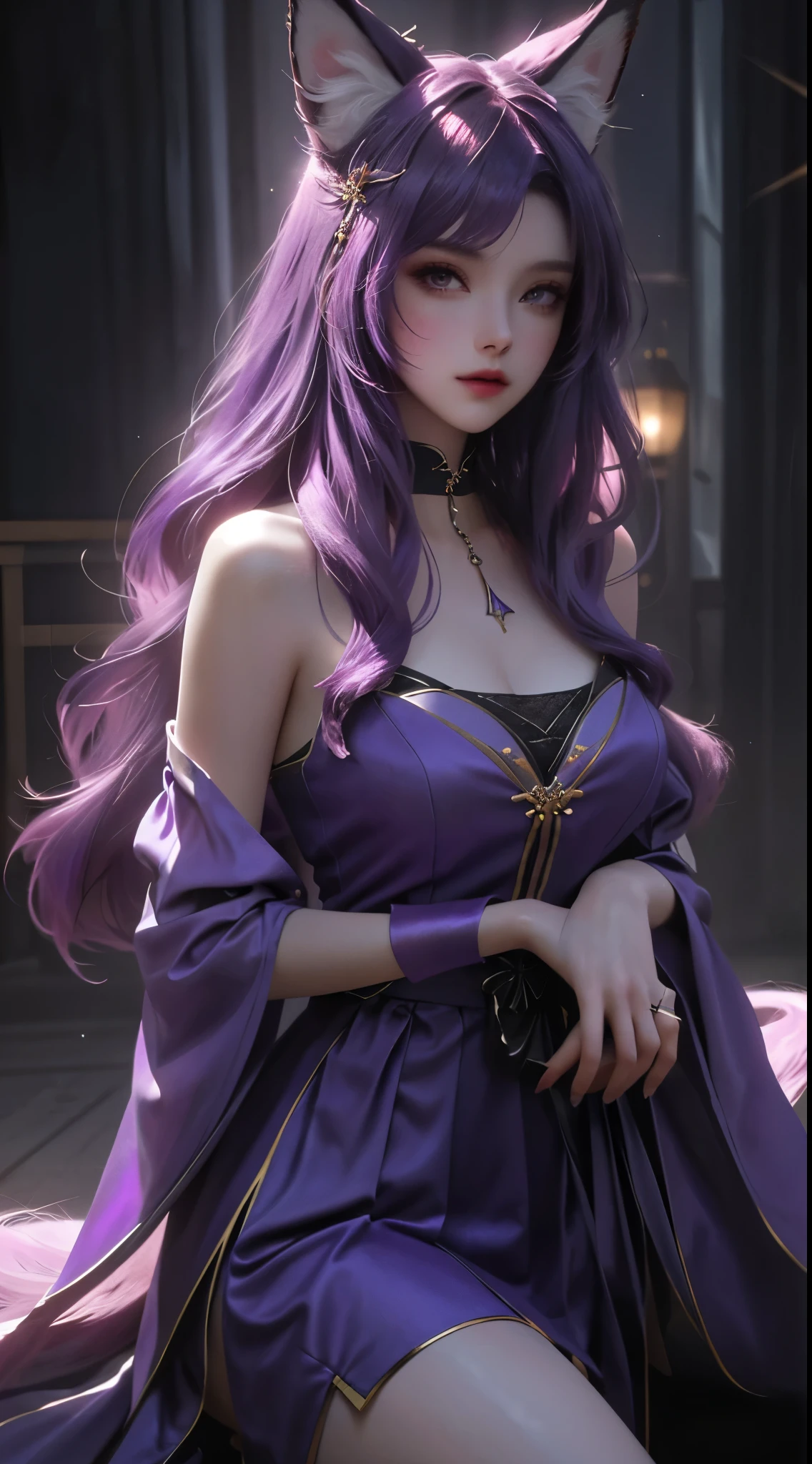 best quality, masterpiece, highres, 1girl,china dress,hair ornament,necklace, jewelry,Beautiful face,upon_body, tyndall effect,photorealistic, dark studio, rim lighting, two tone lighting,(high detailed skin:1.2), 8k uhd, dslr, soft lighting, high quality, volumetric lighting, candid, Photograph, high resolution, 4k, 8k, Bokeh, purple haired, (transparant clothes:1.4), silver rabbit ears,