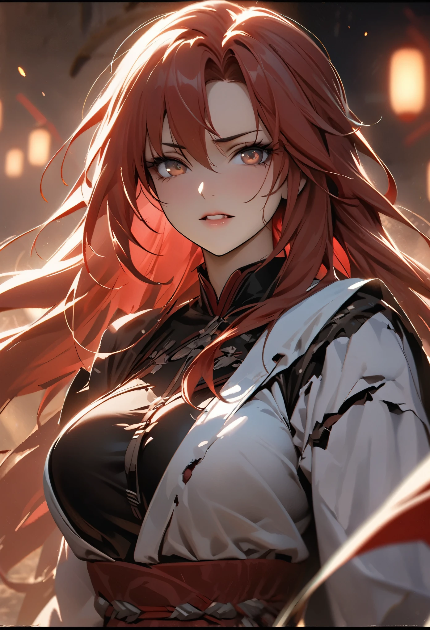 ((solo)), (woman), hazel eyes, ((red hair)), long hair, wild hair, dense hair, fluff hair, messy hair, mane hair, (mature adult), ((old)), ((mature)), rage face, tall, fit, broad, big breasts, a close up of a person, detailed key anime art, casimir art, masamune shiro, masamune, beautiful girl in demon slayer art, heise jinyao, shadowverse style, (no logos), wearing broken armor, dull hair, depth of field, cinematic lighting, ray tracing, depth of field, cinematic lighting, ray tracing, UHD, high details, best quality, highres, high quality, award winning, super detail, masterpiece, 8k, UHD, high details, best quality, highres, high quality, award winning, super detail, masterpiece, 8k