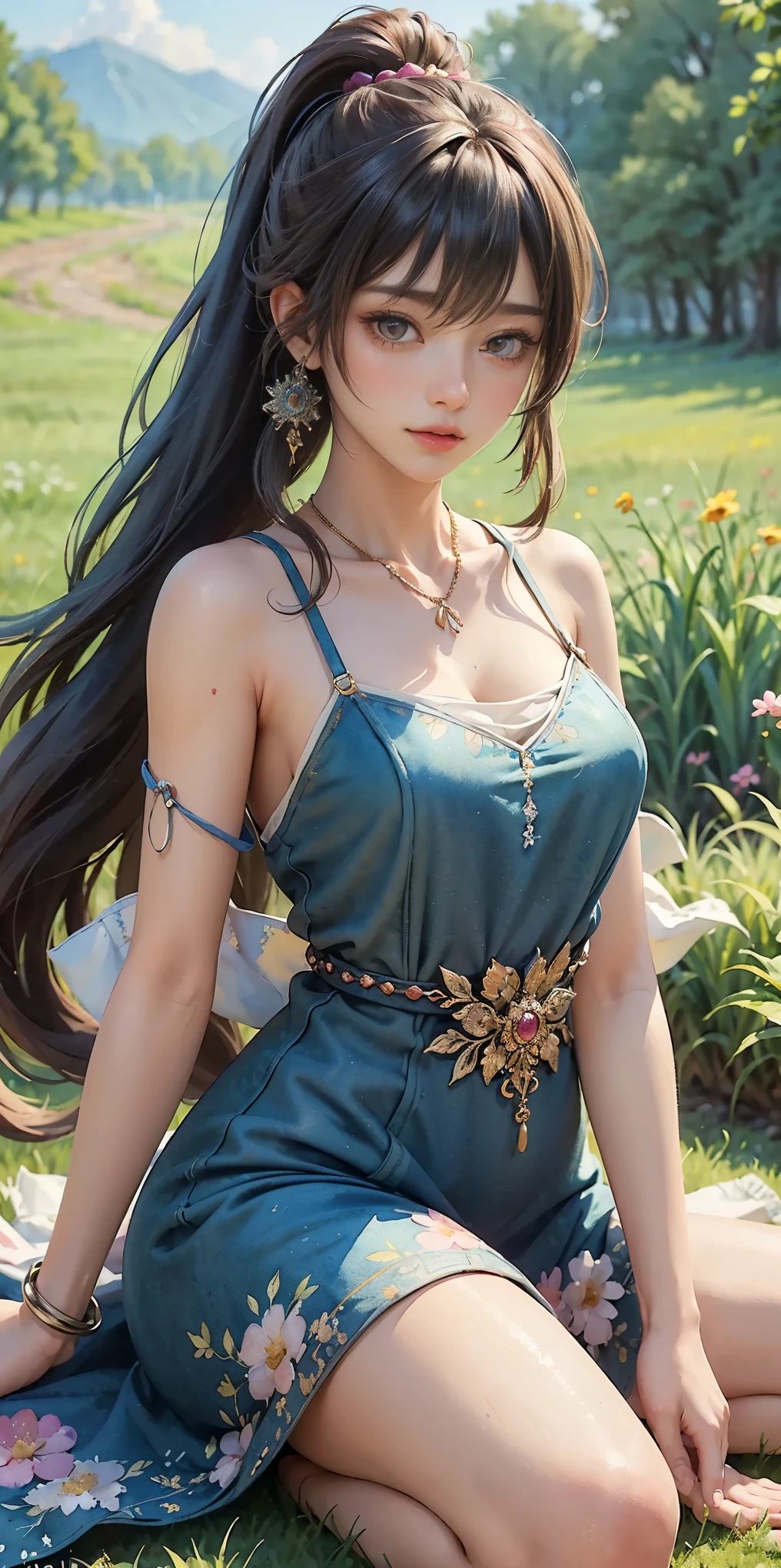 Highest quality, masterpiece, Clean atmosphere Battlefield, middle ages, Small breasts,Long Hair, Forest Base, , Bare shoulders, knight ,Swordsman , Cape, Blue Dress,Black Hair,On the ground, White underwear, Shaved, The skirt is flipped up, Sitting upright, Open your mouth wide,Eyes closed,naked men around,Holding dick in hand,Putting a penis in your mouth,Fat man next to the girl,Naked man standing,Cum in girl's mouth,Dildo in girl's face