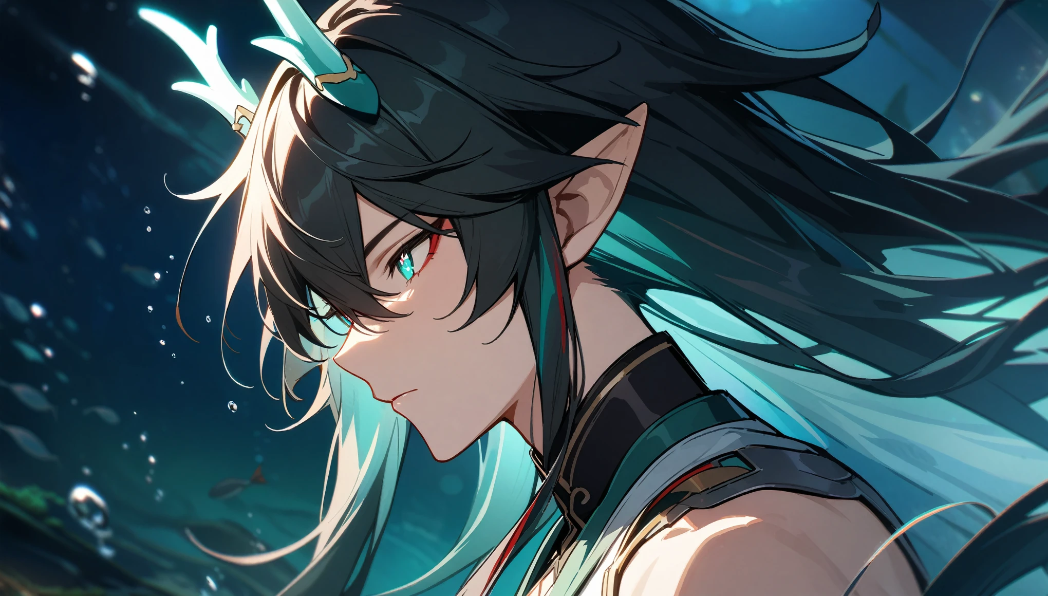 1boy, dan heng, imbibitor lunae, dan heng IL, honkai star rail, elf ears, long hair, black hair, horns, underwater, dark green background, hd eyes, close up, dynamic angle, facing left, bare shoulders, (beautiful and aesthetic:1. 5), best quality, high quality,  super detail, best quality, ultra-detailed,dynamic lighting, HD,