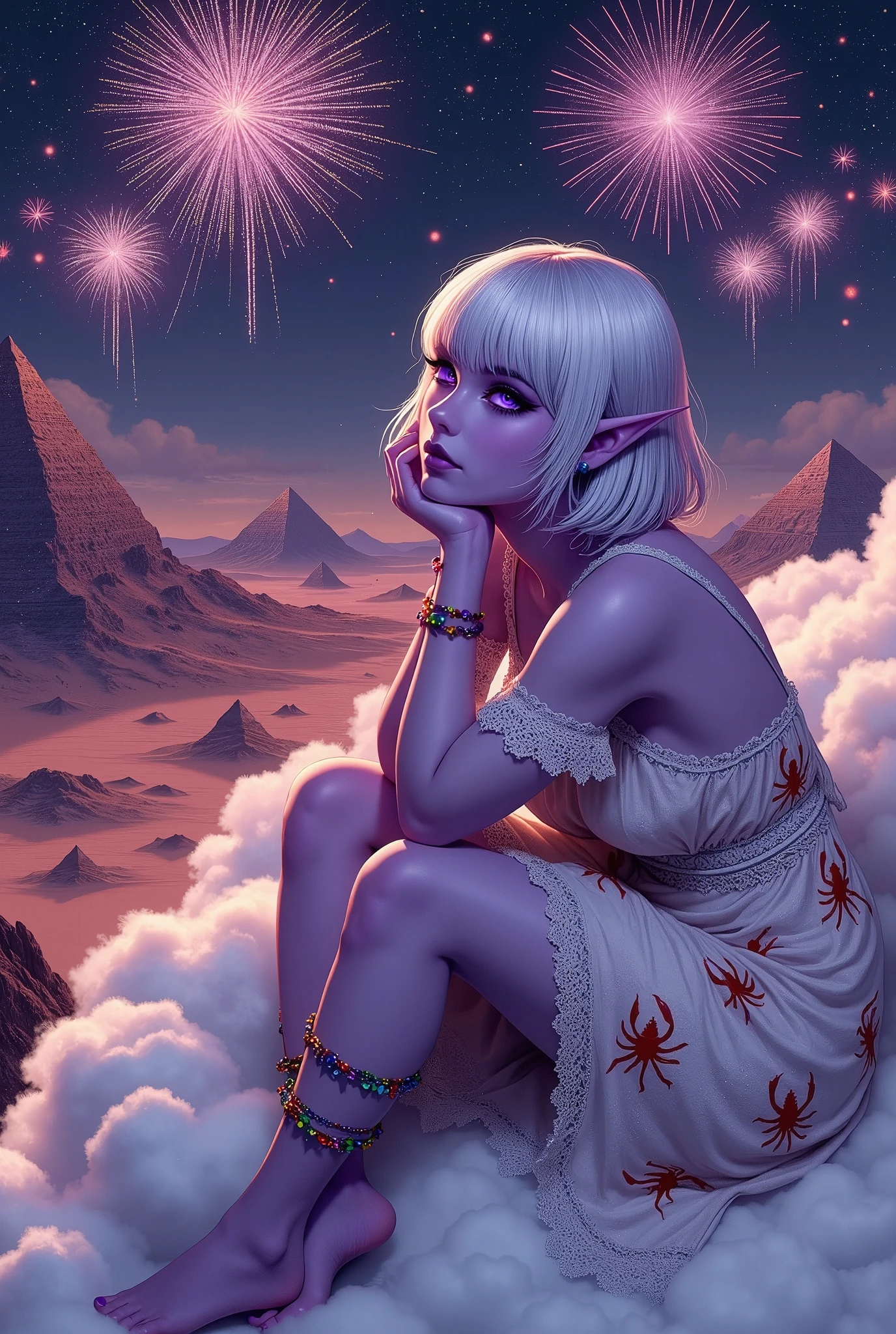 (Ultra-detailed face, Looking away, Fantasy Illustration with Gothic, Dark tone colors, A viewpoint looking down on the ground from above. We are above the clouds.), BREAK 
(A female dark elf wizard is lying on a fluffy cloud bed on a very high cloud, tummy down, her chin propped up with both hands. Perspective looking down at the view of the red desert and pyramids below and the numerous Japanese-style fireworks that decorate the night sky between the ground and the clouds. A glance at the fireworks. A quiet smile. A Halloween pumpkin lantern sits by the cloud bed.), BREAK 
(A young-aged dark elf woman with pure white hair and eyebrows, blunt bangs, short length disheveled hair, small pink lips, dark-purple color skin, lavender pupils, Draw thick, dark eyeliner around the eyes.), BREAK 
(A female dark elf wizard wears a pure white chemise dress with lace and ruffles embroidered with red scorpions. She is barefoot and wears anklets of rainbow-colored beads on her ankles.), BREAK 
(An autumn night. Stars twinkle in the dark blue sky. The glow of fireworks is fantastic. The Japanese-style fireworks display multiple layers of rings of light, cascading shapes like willow leaves, hearts, and roses with pyrotechnics. Fine particles of light sparkle and you can see smoke drifting in the sky after the fireworks open.)