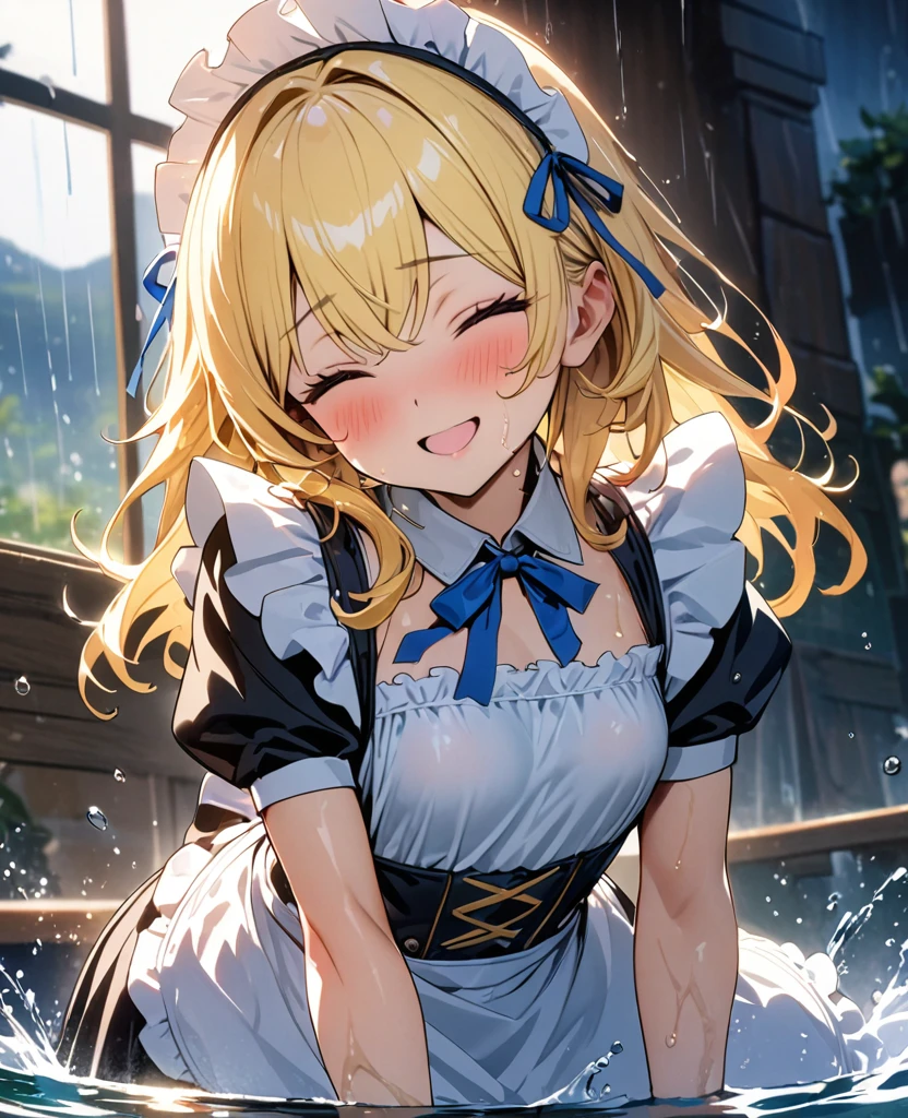 (8k、Ultra HD、Masterpiece)、(detailed)、One Woman、Small breasts、Blonde、cute、A little longer、Blue ribbon、Apron dress、Black and white maid outfit、Gold accents、Fantasy、Beautiful background、heavy rain、typhoon、Soaking wet、Splash、Water droplets all over the body、Date、Childish、The best smile、Mouth open、Eyes closed、Embarrassing、