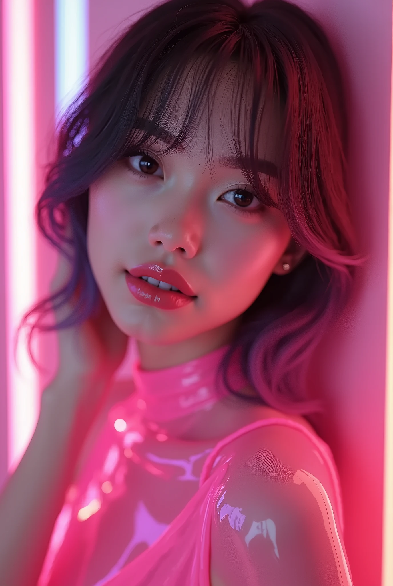 analogue photography of  ahegao, pastel pink neon lights, flat lighting, (soft saturation:1.2), 