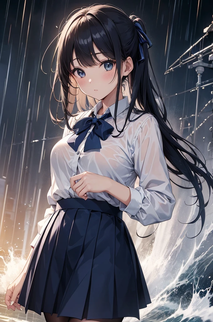 (8k, super high quality, masterpiece, ), Ultra-high resolution, girl, heavy rain, soaked, navy blueのセーラー服, ribbon, Gothic Skirt, blazer, navy blue, Long skirt, I don&#39;t care about getting wet, Water droplets all over the body, 