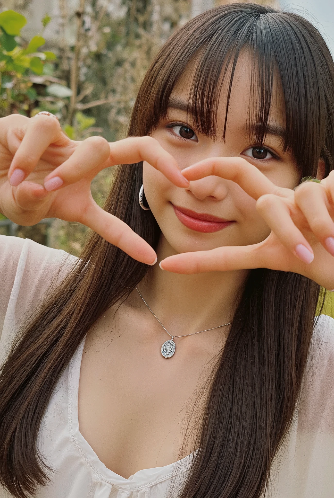 Use your hands to make a heart shape:2.0, (Currently popular Instagram photos, Ultra-Accurate Human Anatomy, Best Quality、8k、32K、masterpiece)、Cute smiling Japanese woman images、Tank tops、Camel Toe、Underarm、Photographed in natural light、Upper Body、Surface Focus、the above、Mix 4、(8k、RAW Photos、Best Quality、masterpiece:1.2)、(Realistic、Photorealistic:1.37)、1 girl、Photo Mapping、Physically Based Rendering、Excellent image quality、High resolution、1080P、(Beautiful Face)、(Detailed description of the face)、(Detailed explanation of the hand setter's muscle area)、(Detailed CG)、Dirty hair、masterpiece、Rich details、(Stunning Features)、(Highest quality)、(masterpiece)、(Detailed eyes)、I look forward to your eyes、Delicate clavicle、Various poses