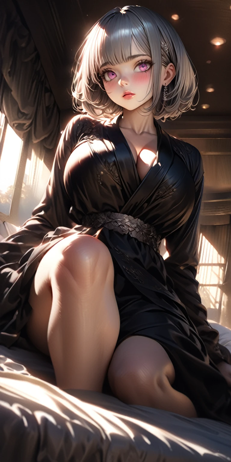 A girl with silver bobcut hair, black robe, Japanese heart shapes near face, blushing face, massive breasts, (low angle view), sitting on bed, detailed face, extremely detailed eyes, beautiful detailed lips, realistic, photorealistic, hyper detailed, 8k, masterpiece, vibrant colors, dramatic lighting, elegant, ethereal, digital art