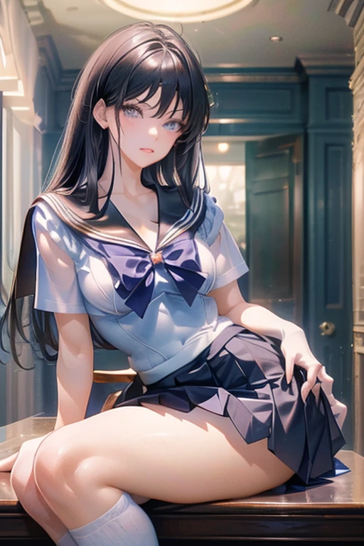 Not fit for work, high definition, High quality),(1 female, , black hair, black eyeliner, thin lips, upskirt, Laugh shyly ),( high school student uniform, pleated short skirt),( brazos cruzados, Sit down and spread your legs.). white thong,thicker legs and big chest, white thigh high stockings