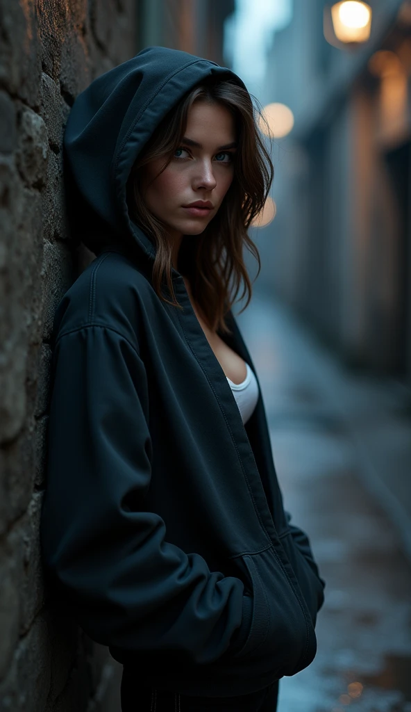 1woman, solo, long hair, breasts, looking at viewer, blue eyes, brown hair, black hair, medium breasts, jacket, outdoors, pants, hood, from side, lips, hoodie, night, black pants, hood up, city, hands in pockets, against wall, alley