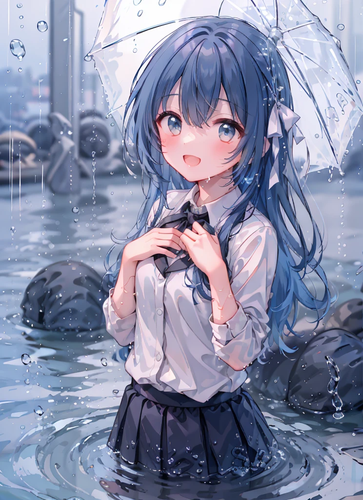 (8k、Highest quality、Masterpiece:1.2)、Ultra HD、1 person、cute、Small breasts、High definition face、blazer, White blouse、shirt、大量のrain、rain、Soaking wet、Black underwear、ribbon、Gothic Long Skirt、Water droplets on the body、A childlike smile、The best smile、Lots of water、Submersion、Splash、Water up to my chest, 