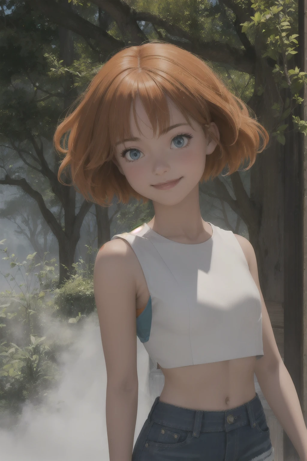 fog, 1 girl, Alone, Blue eyes, orange hair, short hair, lateral collection, blows, Hair collection,
White shirt, crop top, sleeveless, shorts,
smile,closed mouth,COWBOY SHOT,session,
forest,exterior,
(incredibly detailed, Beautiful detailed face, masterpiece, The best quality) cinematic lighting,