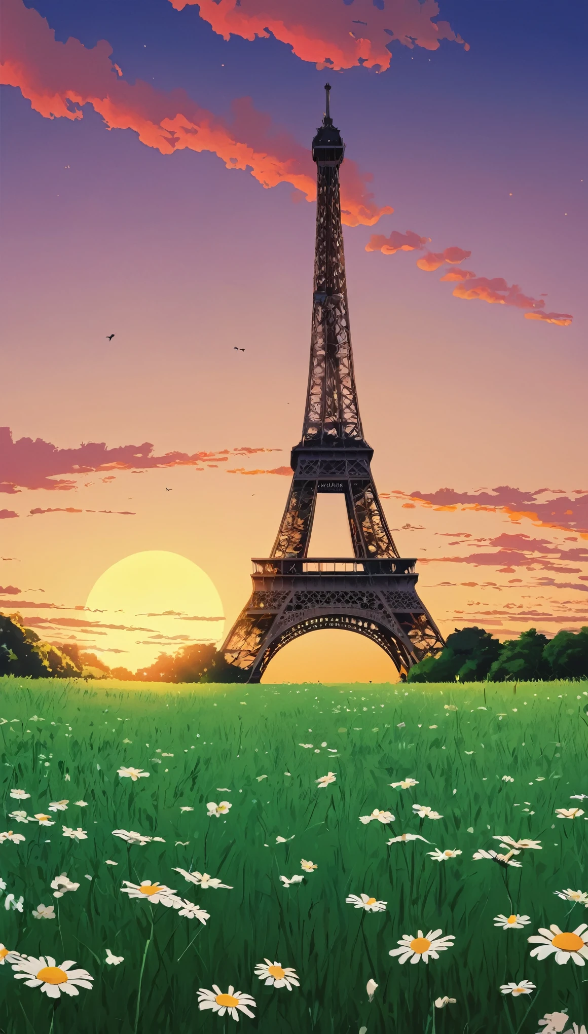 (Minimalism:1.4), Draw professional Tintin style art, an Eiffel Tower in a field of grass and daisies at night, nostalgic sunset, Studio Ghibli, miyazaki,  , Makoto Shinkai!!, anime movie background best quality best of SeaArt HD
