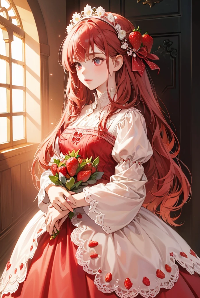 (masterpiece, best quality), 1girl, Strawberry red Slicked-Back Taper Cut with Hard Part, big breasts, <lora:rose:1> rose, red flower, ,petals, rose petals,