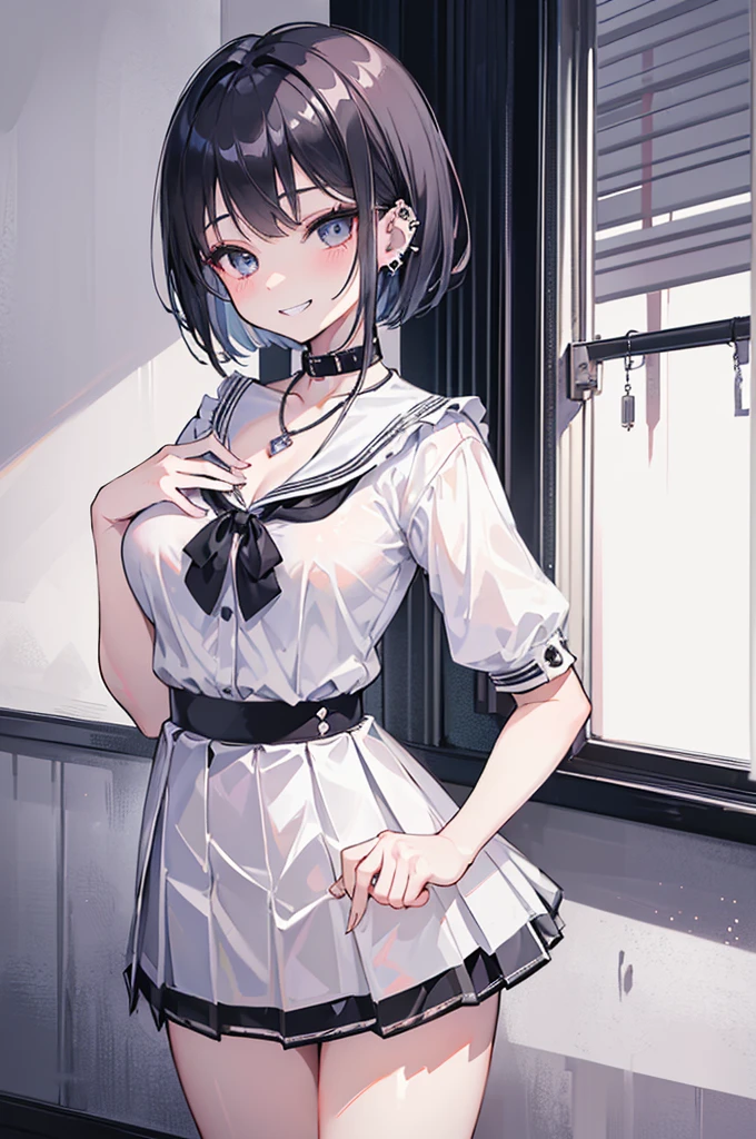 Cowboy Shot White Sailor Uniform Short Sleeve:1.9 Sleeve color is white, dark blue scarf, dark blue collar, dark blue uniform pleated skirt:1.9 Black half tights, ponytail, white underwear:1.3. Anime drawings with vivid colors. Standing tall woman:1.9 Sweat, breasts, troubled face, glaring, wrinkled brows, flushed cheeks, night:1.3 Apartment bedroom, white sheets, short black hair, ponytail:1.9 Straight hair, bangs swept to the side:1.9. Slanted eyes, brown eyes, tall, big breasts, strong-willed, beautiful