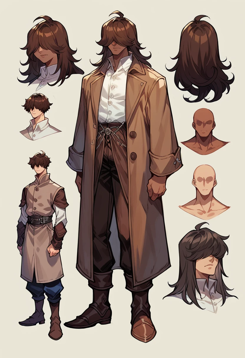 Human Male Adult   , dark Brown long hair , hair over eyes ,Medieval Clothing , White shirt Buttons , Brown Coat , background,character sheet , concept art ,Pants , boots , dark Fantasy