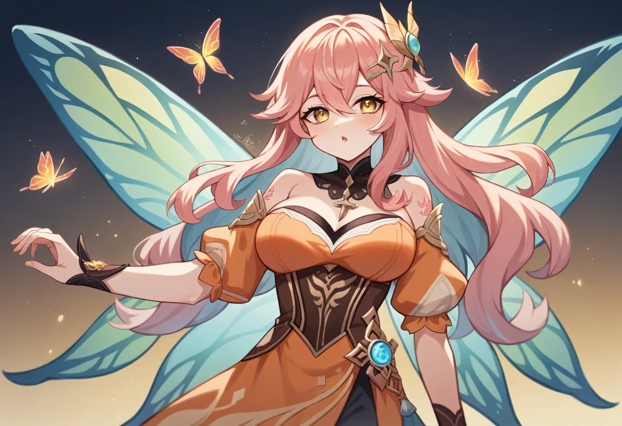 The most beautiful and sexy elf warrior goddess, orange hair, blue eyes, dark african skin, wearing extremely detailed battle armor, huge gigantic nude tits and nipples exposed, with fairy wings, tons of tattoos and piercings, in the most breathtaking enchanted forest, cherry blossoms and butterflies blowing in the wind, highly detailed background, perfect masterpiece, high quality, high resolution