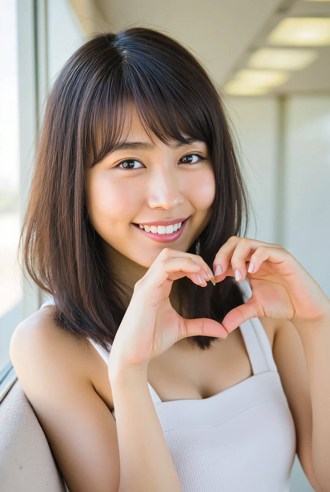 Use your hands to make a heart shape:2.0, (Currently popular Instagram photos, Ultra-Accurate Human Anatomy, Best Quality、8k、32K、masterpiece)、Cute smiling Japanese woman images、Tank tops、Camel Toe、Underarm、Photographed in natural light、Upper Body、Surface Focus、the above、Mix 4、(8k、RAW Photos、Best Quality、masterpiece:1.2)、(Realistic、Photorealistic:1.37)、1 girl、Photo Mapping、Physically Based Rendering、Excellent image quality、High resolution、1080P、(Beautiful Face)、(Detailed description of the face)、(Detailed explanation of the hand setter&#39;s muscle area)、(Detailed CG)、Dirty hair、masterpiece、Rich details、(Stunning Features)、(Highest quality)、(masterpiece)、(Detailed eyes)、I look forward to your eyes、Delicate clavicle、Various poses