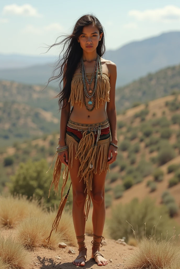 8k, RAW photo, best quality, ultra high resolution, photorealistic, realistic photo of skinny young woman, (skinny young woman), in the prarie, (prarie), (one person on the photo), photo from the side, wearing native american costume, (native american costume), (tanned skin), long straight hair, black hair, looking at viewer, smirking, (extremely detailed CG unity 8k wallpaper), 8k uhd, dslr, bright lighting, high quality, film grain, Fujifilm XT3 sharp focus, f 5.6, High Detail, Sharp focus, (natural bright light)